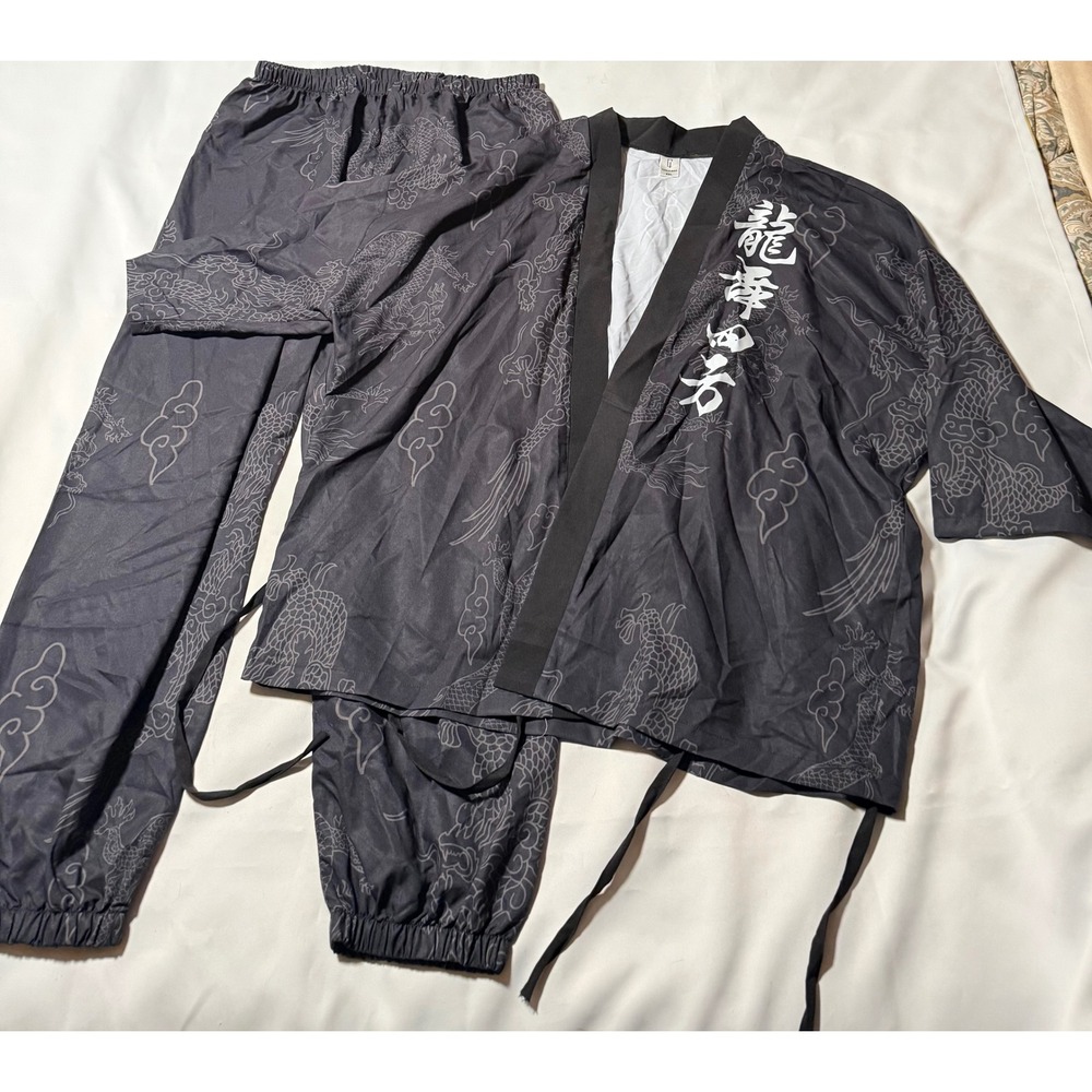 Conjuess Mens XXL Dragon Print Kimono Top and Jogger Pants Set Black 2 Piece